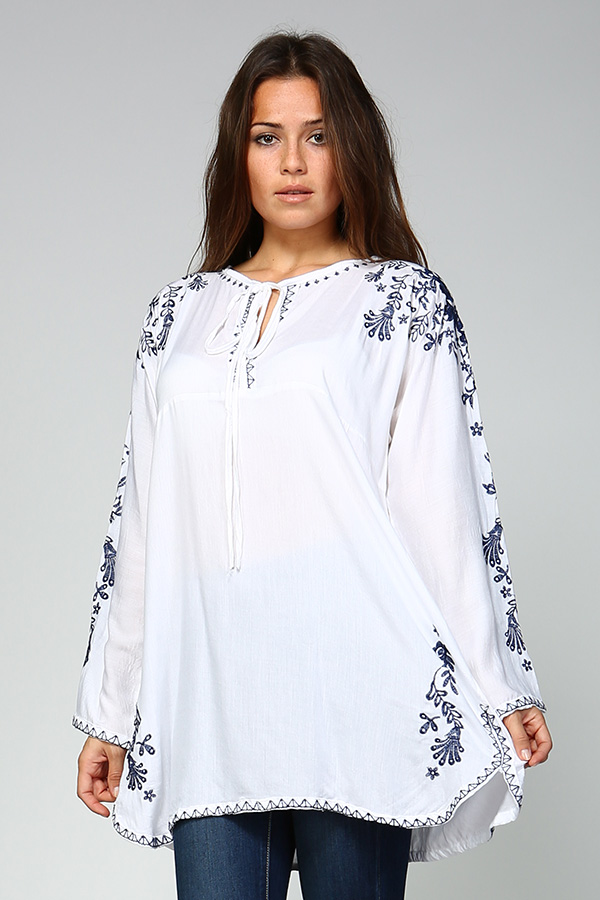 Long Sleeve White Tunic Top with Blue Embroidery